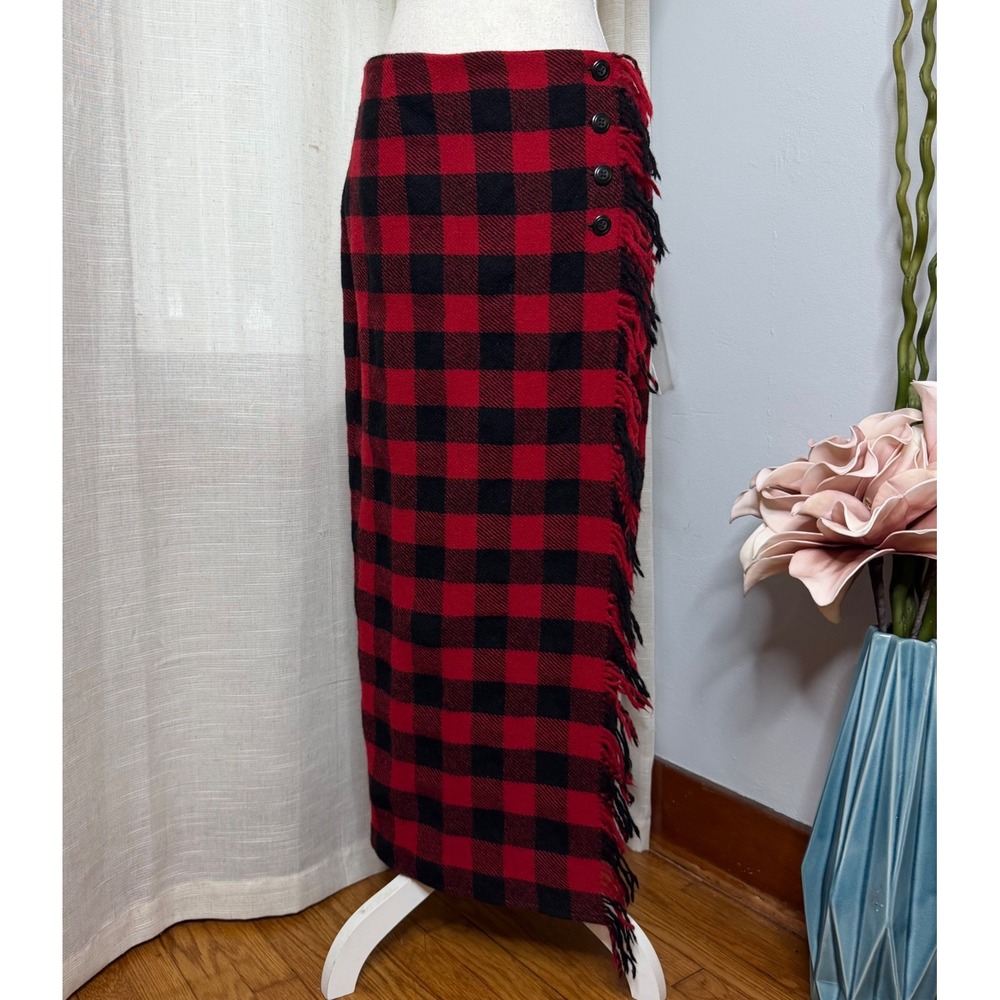 Vintage Ralph Lauren Country Wrap Skirt Buffalo Plaid Red Black 100% Wool Sz 14